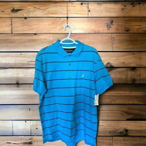 Nautica Polo Shirt Mens Large Blue Striped Casual Short Sleeve Adult